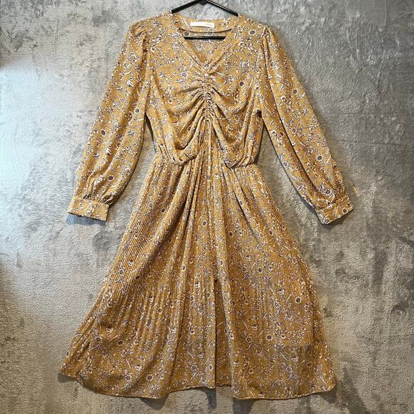 Floral Midi Dress Yellow Ruched Front Pleated Skirt Cottagecore Indie Feminine M - Picture 1 of 8